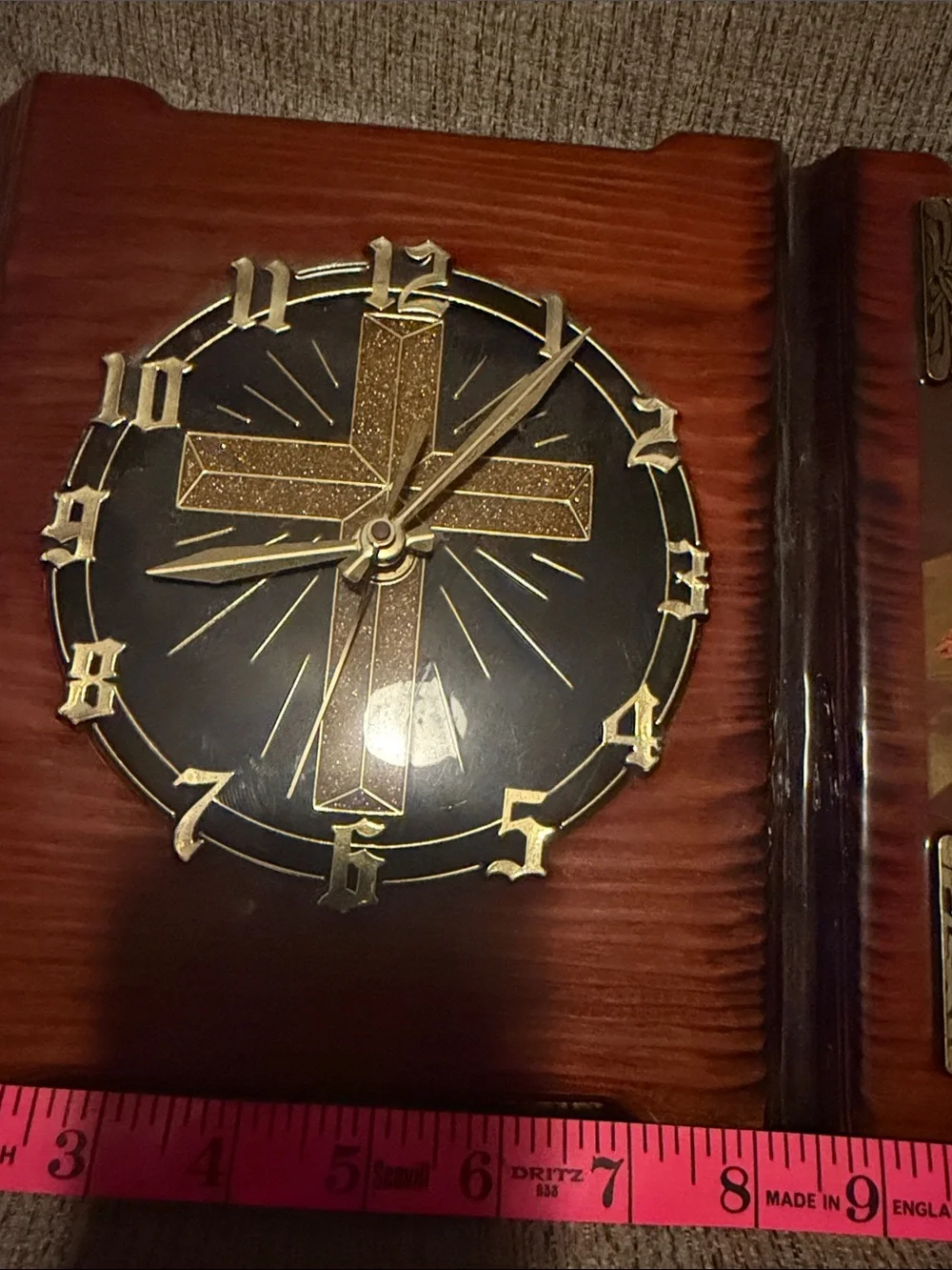 Gorgeous Vintage Religious Wall Clock Plaque in Brown with Gold Accents